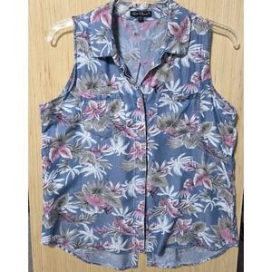 Velvet Heart Sz L Button‎ Front  Sleeveless Pink Grey Palm Trees Covered Buttons